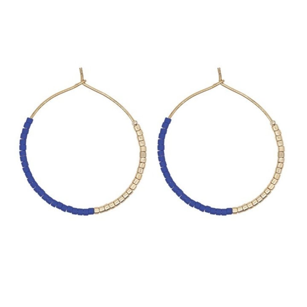 Royal Blue and Gold Boho Seed Bead Hoop Earrings